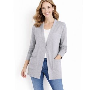 Talbots Gray Cotton Blend One Button Cardigan Business Casual L Petite